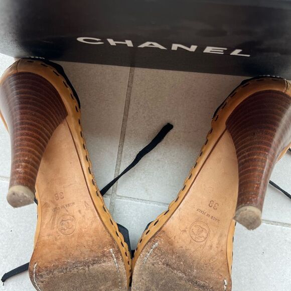 CHANEL Black Satin D'Orsay Sandals Interlocking Pearl CC Logo Lace Up 38 - Picture 4 of 14